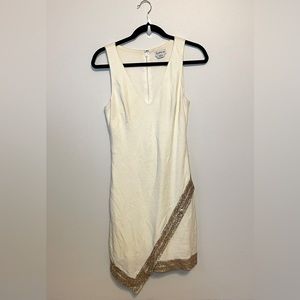 Bebe cream bodycon minidress w/ gold crystal embellishments asymmetrical dress